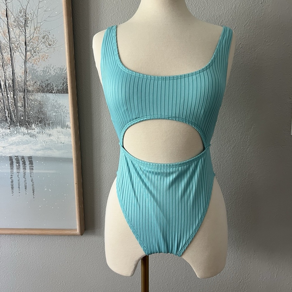 BCBG Icy blue cut out ribbed y2k look one piece swimsuit small high leg strappy